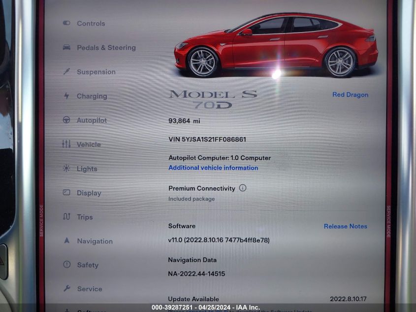 5YJSA1S21FF086861 | 2015 TESLA MODEL S