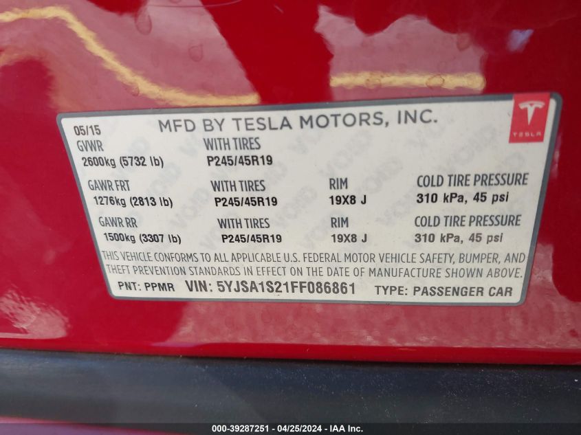 5YJSA1S21FF086861 | 2015 TESLA MODEL S