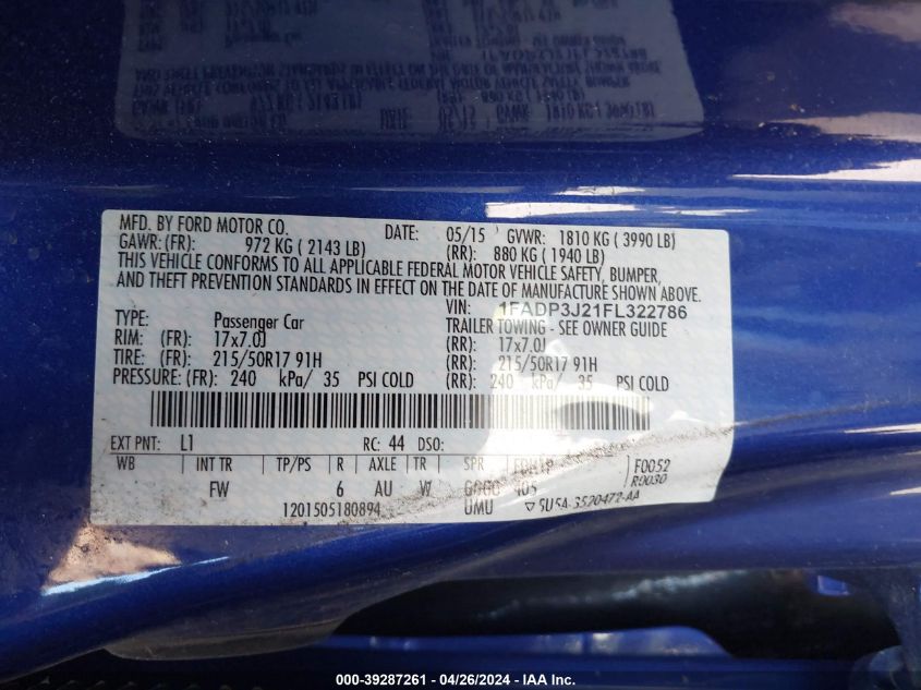2015 Ford Focus Titanium VIN: 1FADP3J21FL322786 Lot: 39287261