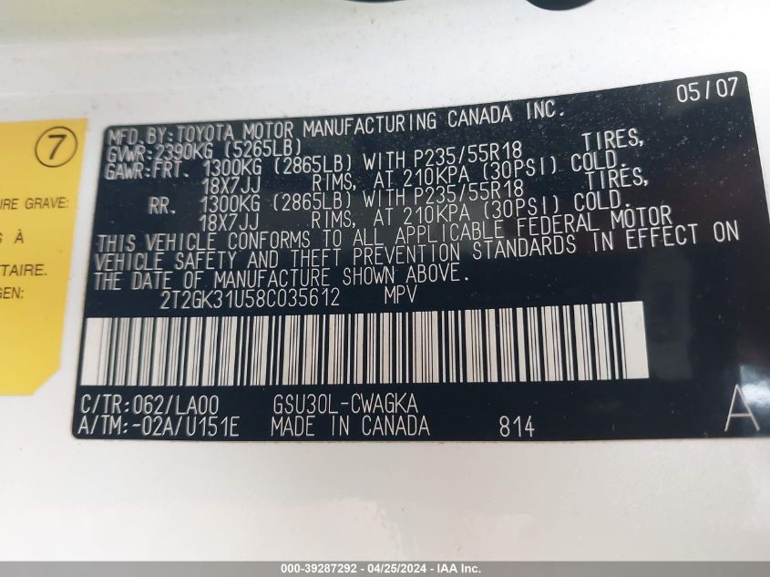 2008 Lexus Rx 350 VIN: 2T2GK31U58C035612 Lot: 39287292