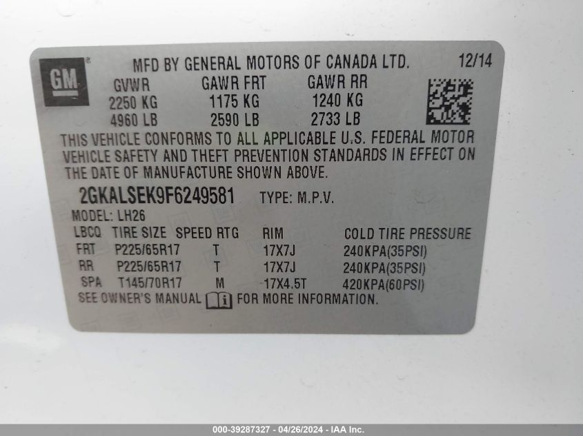 2015 GMC Terrain Slt-1 VIN: 2GKALSEK9F6249581 Lot: 39287327