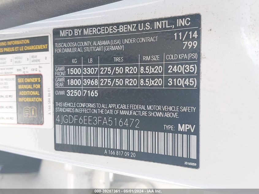 2015 MERCEDES-BENZ GL 450 4MATIC - 4JGDF6EE3FA516472