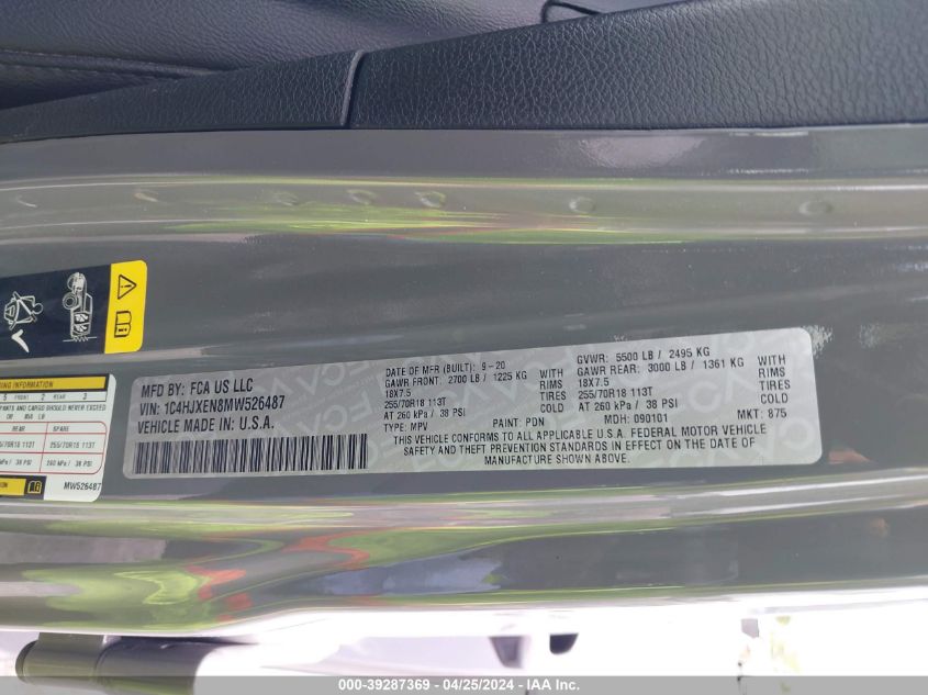 2021 Jeep Wrangler Unlimited Sahara 4X4 VIN: 1C4HJXEN8MW526487 Lot: 39287369