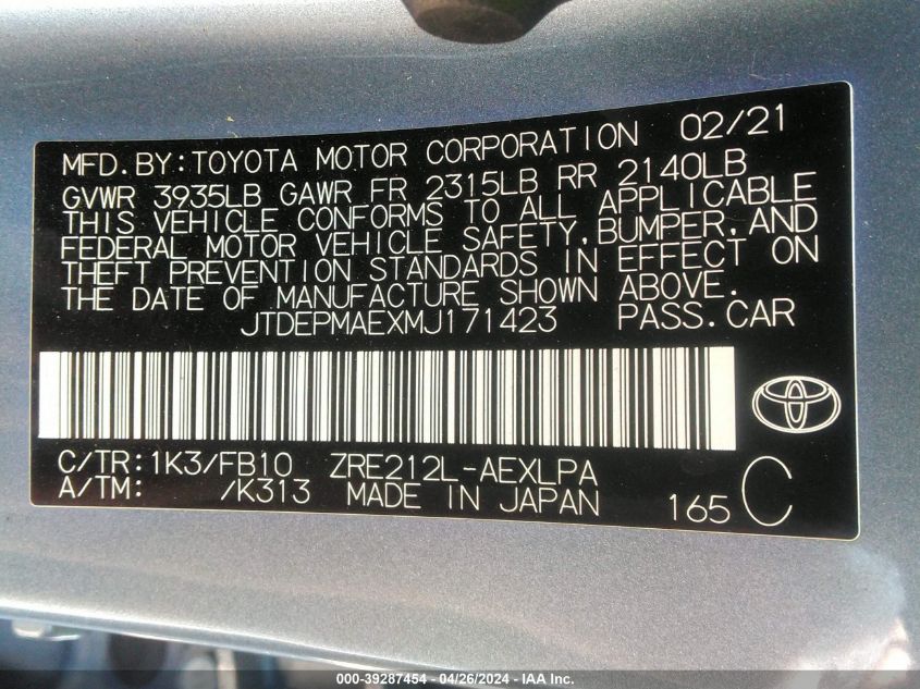 JTDEPMAEXMJ171423 | 2021 TOYOTA COROLLA