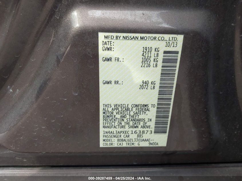 2014 Nissan Altima 2.5 Sv VIN: 1N4AL3APXEC163873 Lot: 39287459