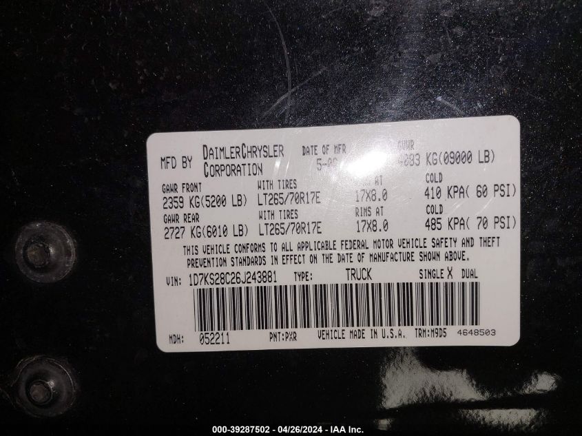 2006 Dodge Ram 2500 Slt/Sport VIN: 1D7KS28C26J243881 Lot: 39287502
