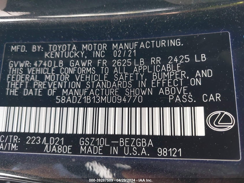 2021 LEXUS ES 350 - 58ADZ1B13MU094770