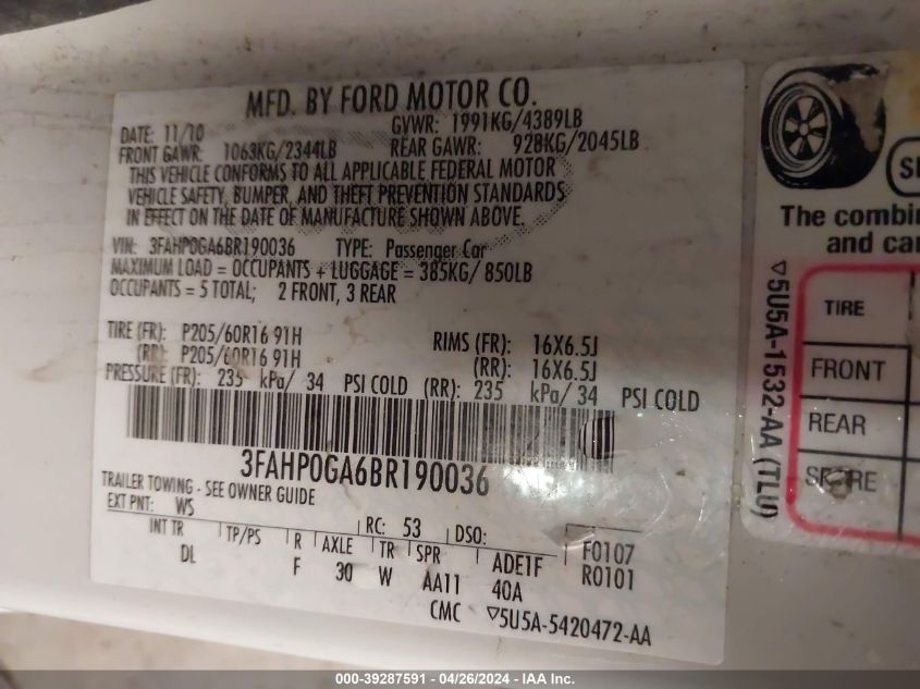 2011 Ford Fusion S VIN: 3FAHP0GA6BR190036 Lot: 39287591