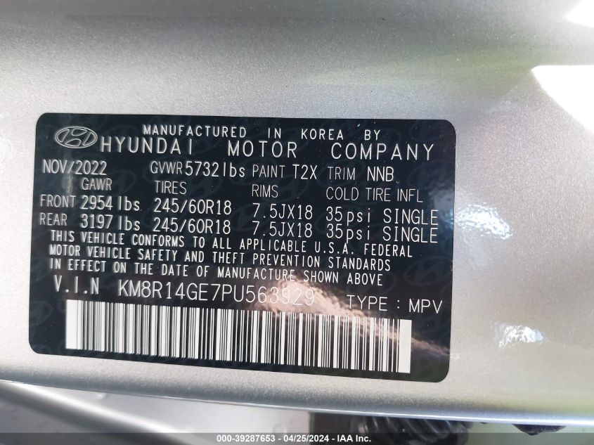 2023 Hyundai Palisade Se VIN: KM8R14GE7PU563929 Lot: 39287653