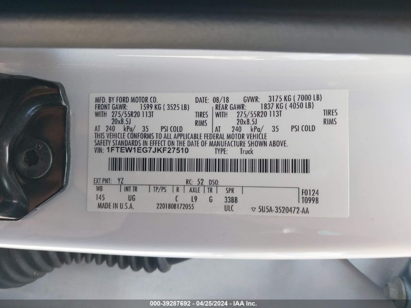 2018 Ford F-150 Xlt VIN: 1FTEW1EG7JKF27510 Lot: 39287692