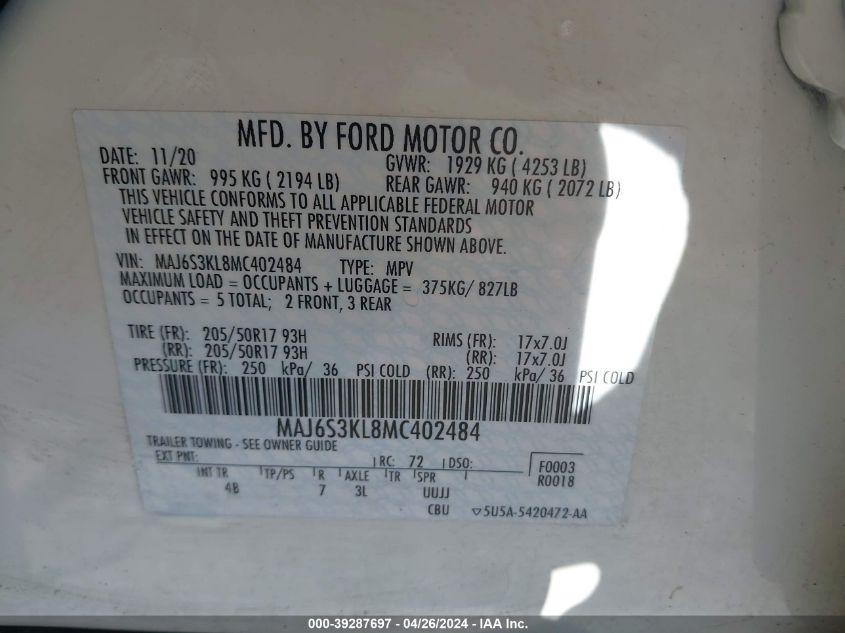 2021 Ford Ecosport Titanium VIN: MAJ6S3KL8MC402484 Lot: 39287697