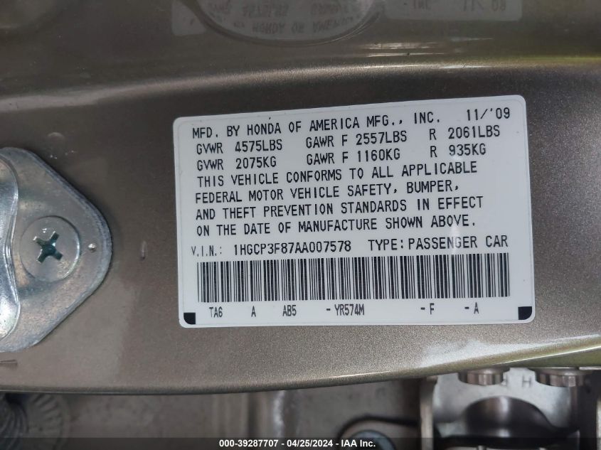 2010 Honda Accord 3.5 Ex-L VIN: 1HGCP3F87AA007578 Lot: 39287707