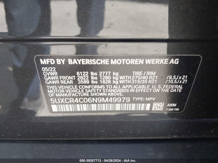 2022 BMW X5 Sdrive40I VIN: 5UXCR4C06N9M49979 Lot: 39287713