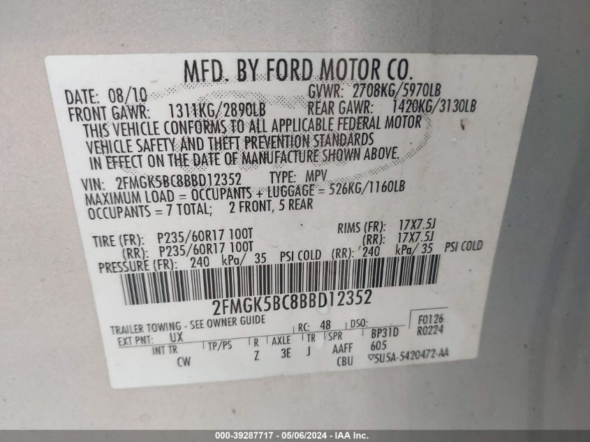 2FMGK5BC8BBD12352 2011 Ford Flex Se