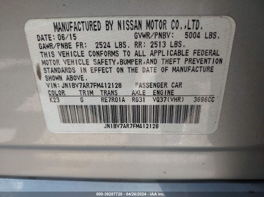 2015 Infiniti Q50 VIN: JN1BV7AR7FM412128 Lot: 39287720