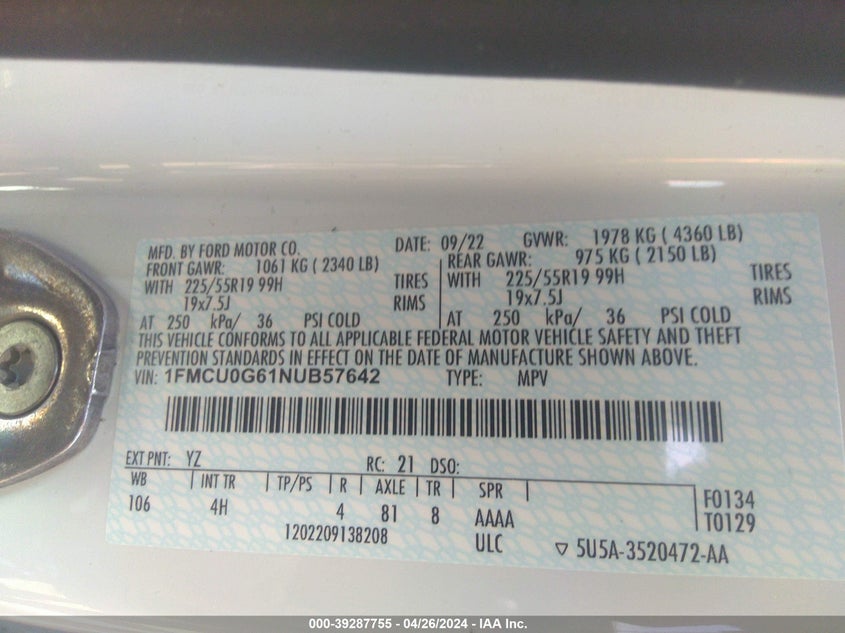 2022 FORD ESCAPE SE - 1FMCU0G61NUB57642