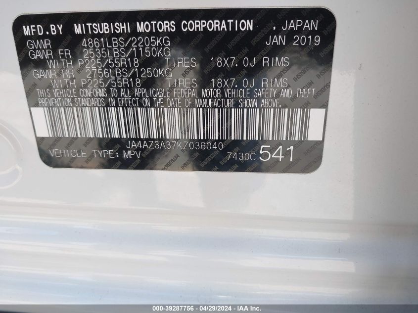 2019 Mitsubishi Outlander Sel VIN: JA4AZ3A37KZ036040 Lot: 39287756