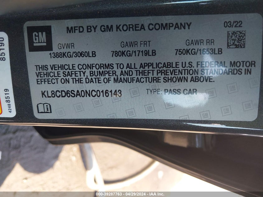 VIN KL8CD6SA0NC016143 2022 CHEVROLET SPARK 1LT