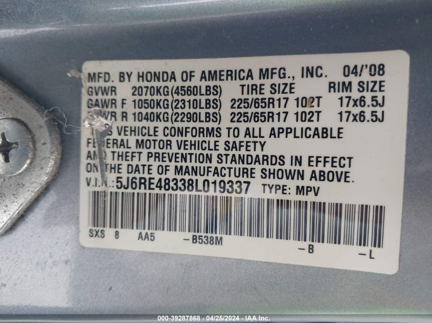 2008 Honda Cr-V Lx VIN: 5J6RE48338L019337 Lot: 39287868