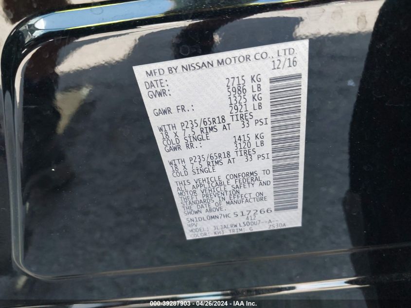 2017 Infiniti Qx60 VIN: 5N1DL0MN7HC517266 Lot: 39287903