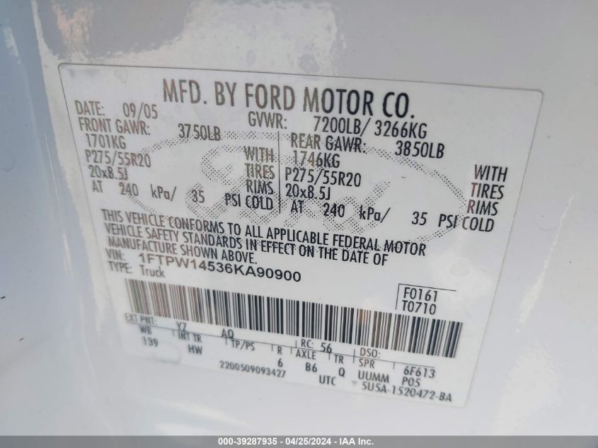 2006 Ford F-150 Fx4/Lariat/Xlt VIN: 1FTPW14536KA90900 Lot: 39287935