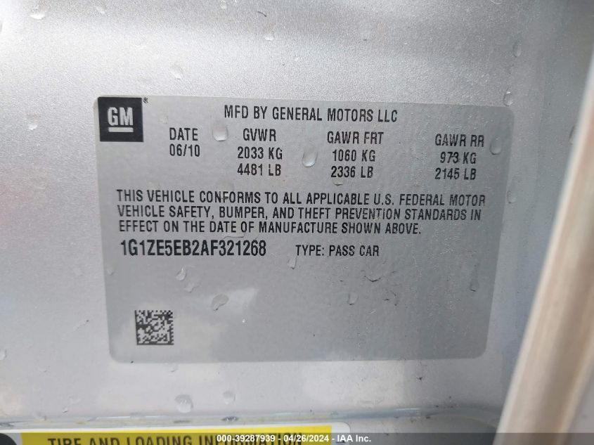 2010 Chevrolet Malibu Ltz VIN: 1G1ZE5EB2AF321268 Lot: 39287939