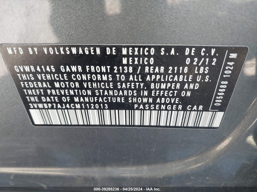 2012 Volkswagen Jetta 2.5L Se VIN: 3VWBP7AJ4CM112013 Lot: 39288236