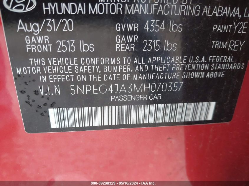 2021 Hyundai Sonata Se VIN: 5NPEG4JA3MH070357 Lot: 39288329