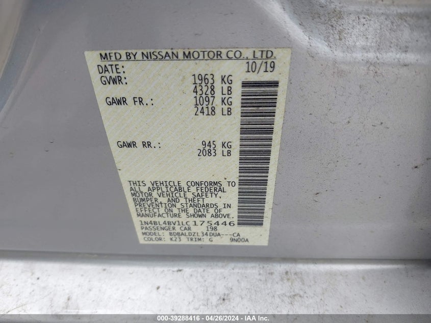 VIN 1N4BL4BV1LC175446 2020 NISSAN ALTIMA S FWD
