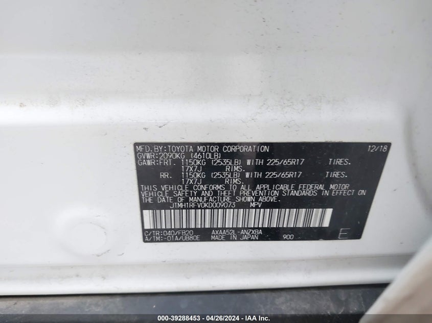 2019 TOYOTA RAV4 LE - JTMH1RFV0KD009073