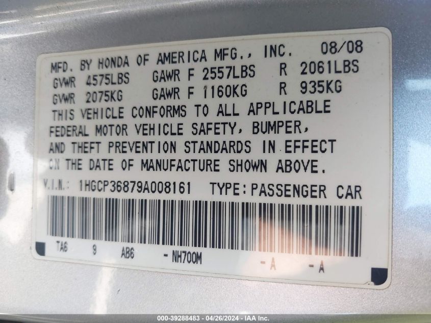 2009 Honda Accord 3.5 Ex-L VIN: 1HGCP36879A008161 Lot: 39288483