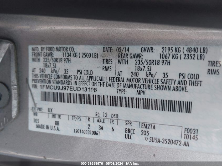 1FMCU9J97EUD13108 2014 Ford Escape Titanium