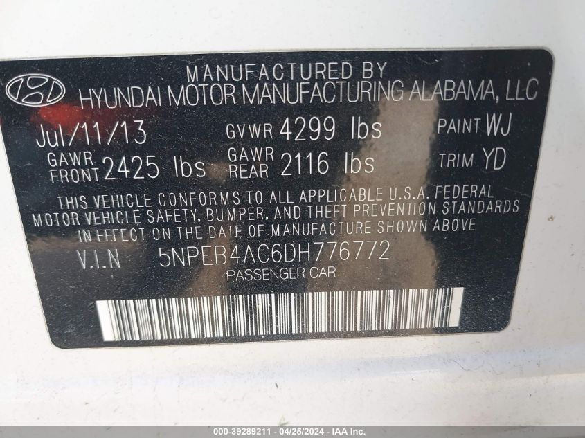 5NPEB4AC6DH776772 | 2013 HYUNDAI SONATA