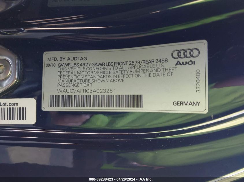 2011 Audi S5 4.2 Premium Plus VIN: WAUCVAFR0BA023251 Lot: 39289423