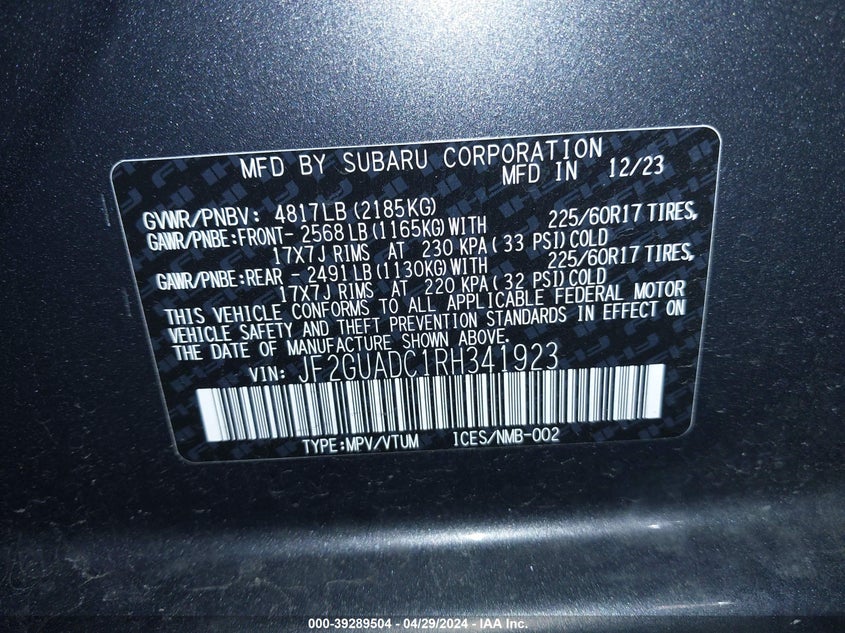VIN JF2GUADC1RH341923 2024 SUBARU CROSSTREK PREMIUM