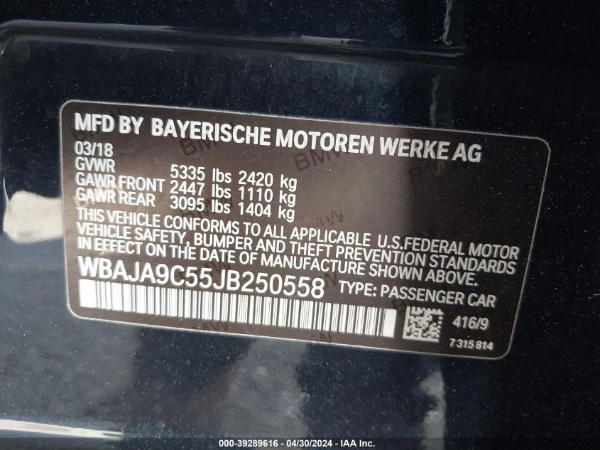 2018 BMW 530E Iperformance VIN: WBAJA9C55JB250558 Lot: 39289616