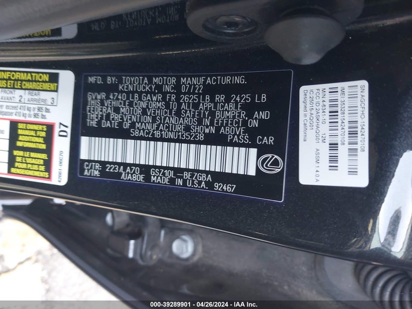 VIN 58ACZ1B10NU135238 2022 LEXUS ES 350