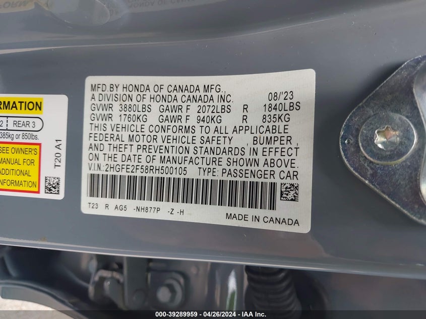 2024 HONDA CIVIC SPORT - 2HGFE2F58RH500105