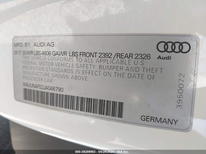 VIN WAUUNAF52JA046790 2018 AUDI A5 2.0T PREMIUM