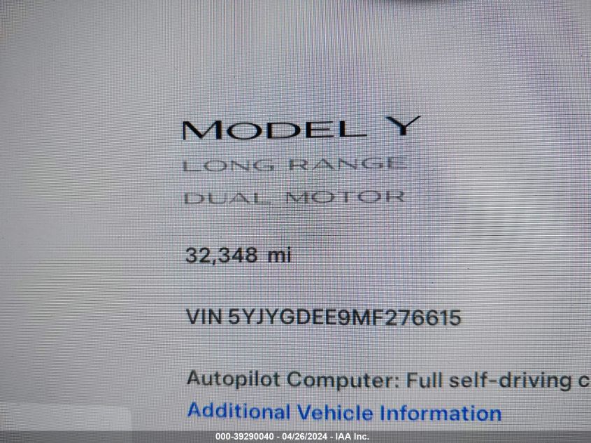 VIN 5YJYGDEE9MF276615 2021 TESLA MODEL Y no.15