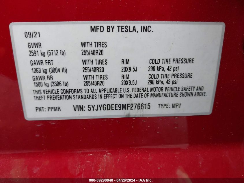 VIN 5YJYGDEE9MF276615 2021 TESLA MODEL Y no.9