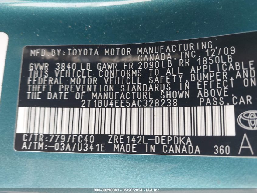 2010 Toyota Corolla Le VIN: 2T1BU4EE5AC328238 Lot: 39290083