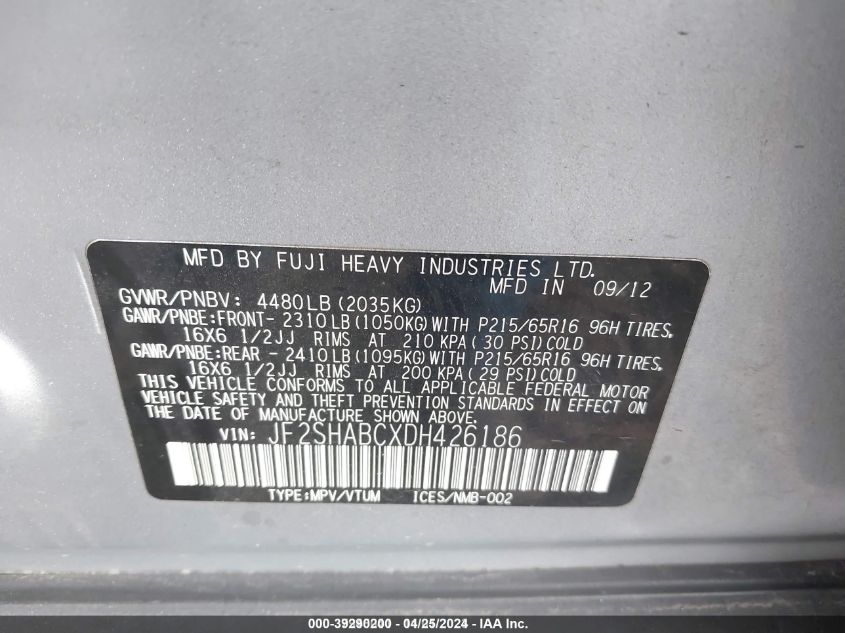 2013 Subaru Forester 2.5X VIN: JF2SHABCXDH426186 Lot: 39290200