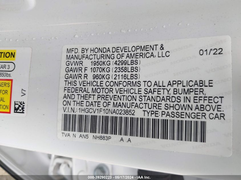 2022 Honda Accord Lx VIN: 1HGCV1F10NA023852 Lot: 39290223