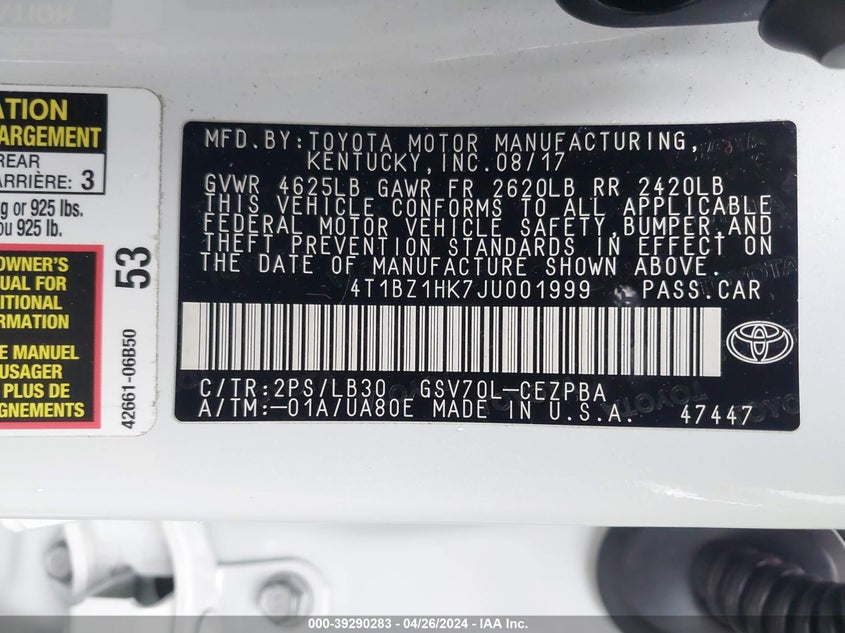 2018 TOYOTA CAMRY XSE V6 - 4T1BZ1HK7JU001999