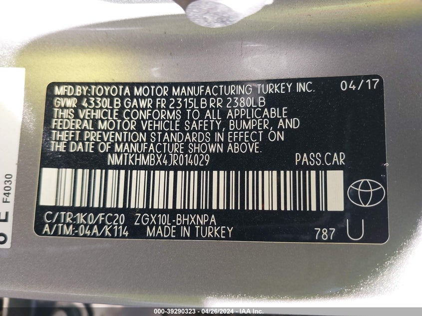 VIN NMTKHMBX4JR014029 2018 TOYOTA C-HR XLE PREMIUM