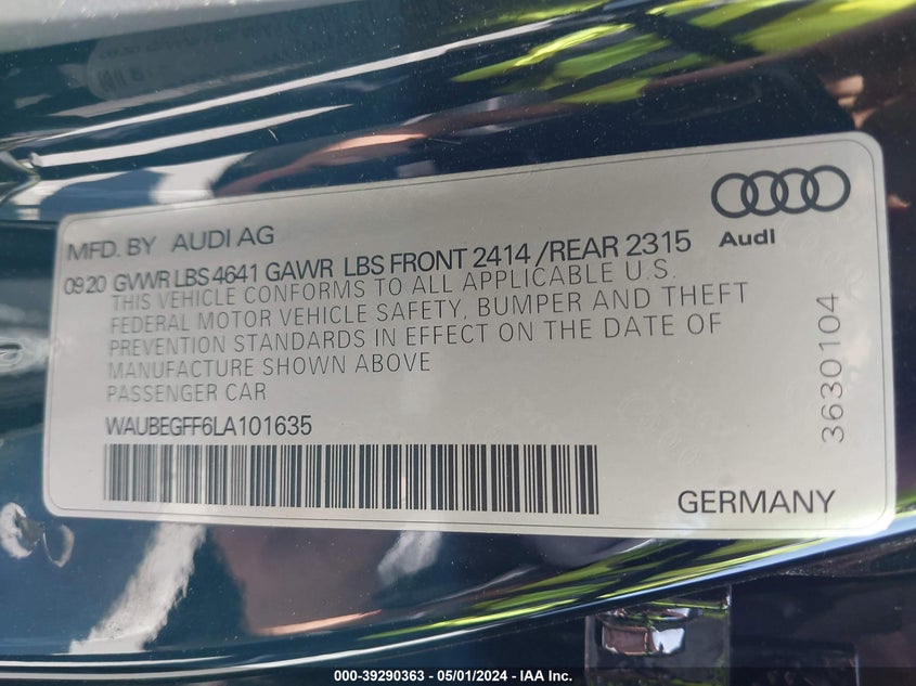 2020 AUDI A3 PREMIUM 45 TFSI S LINE QUATTRO S TRONIC - WAUBEGFF6LA101635