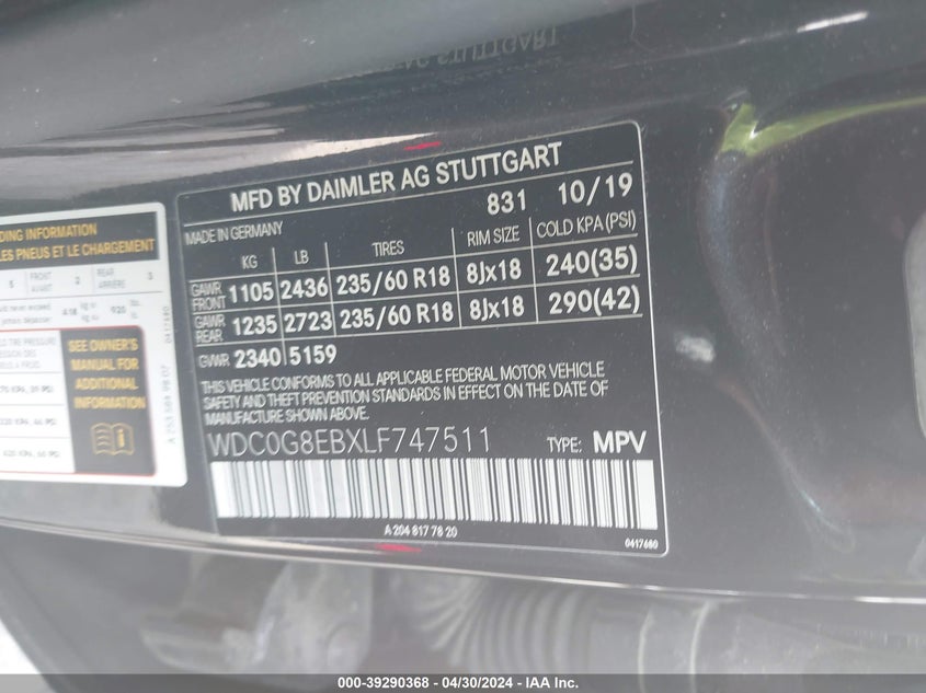 VIN WDC0G8EBXLF747511 2020 MERCEDES-BENZ GLC 300 4MATIC