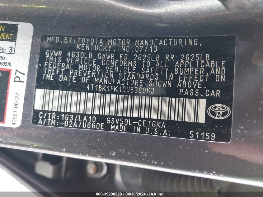 2013 TOYOTA CAMRY XLE V6 - 4T1BK1FK1DU536063