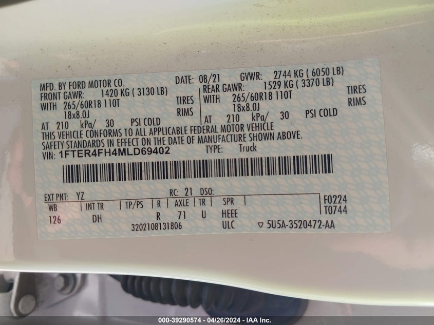 2021 FORD RANGER LARIAT 1FTER4FH4MLD69402
